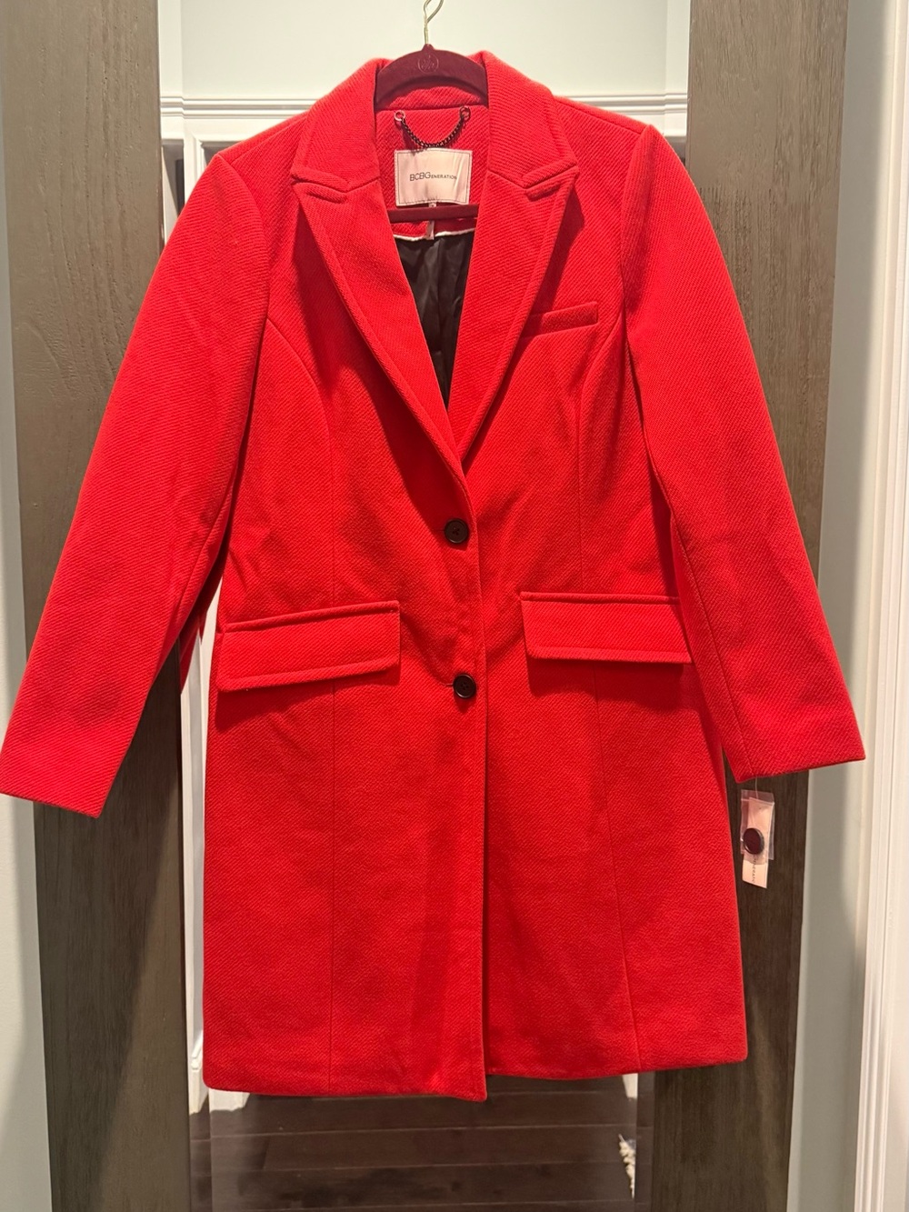 BCBGeneration Cherry Red Notch Lapel Wool Blend Trench Coat
